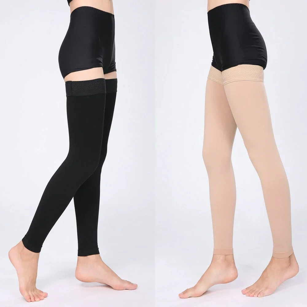 Stoking kompresi tinggi paha 1/2 pasang, stoking tanpa kaki 20-30mm Hg kompresi dengan pita Dot silikon untuk pria dan wanita