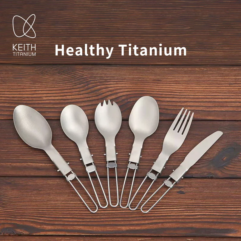 KEITH Pure Titanium Foldable Cutlery Set Portable Folding Spoon Fork Ultralight Camping Tableware for Outdoor Hiking Travel