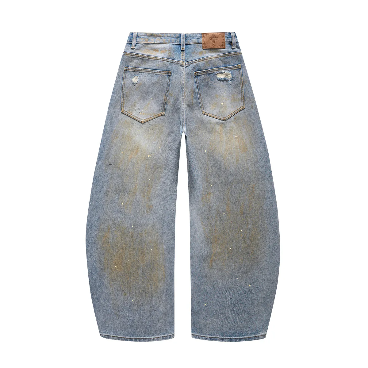 MWJLPWQ American Mud-Dyed Gradient Curved Jeans Men's Light Blue Distressed Splash-Ink Buttoned Cuffs Wide Leg Trousers 21460