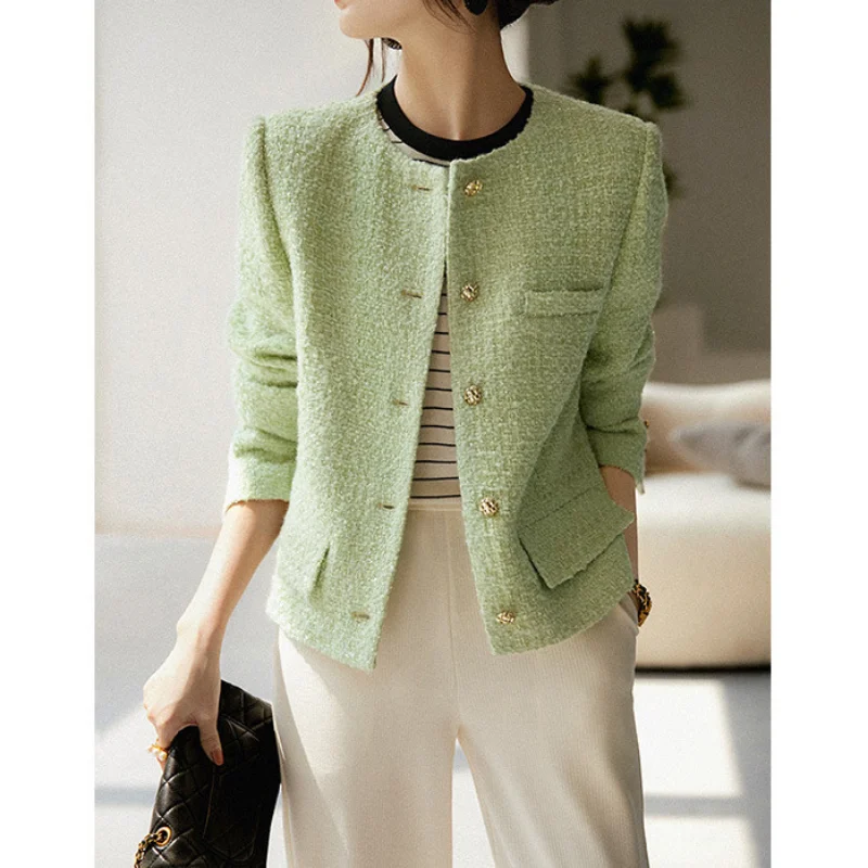 

Women Green Wool Blended Tweed Coat 2024 New Autumn O Neck Fashion Casual Korea Chic French Small Fragrance High Quality Jacket