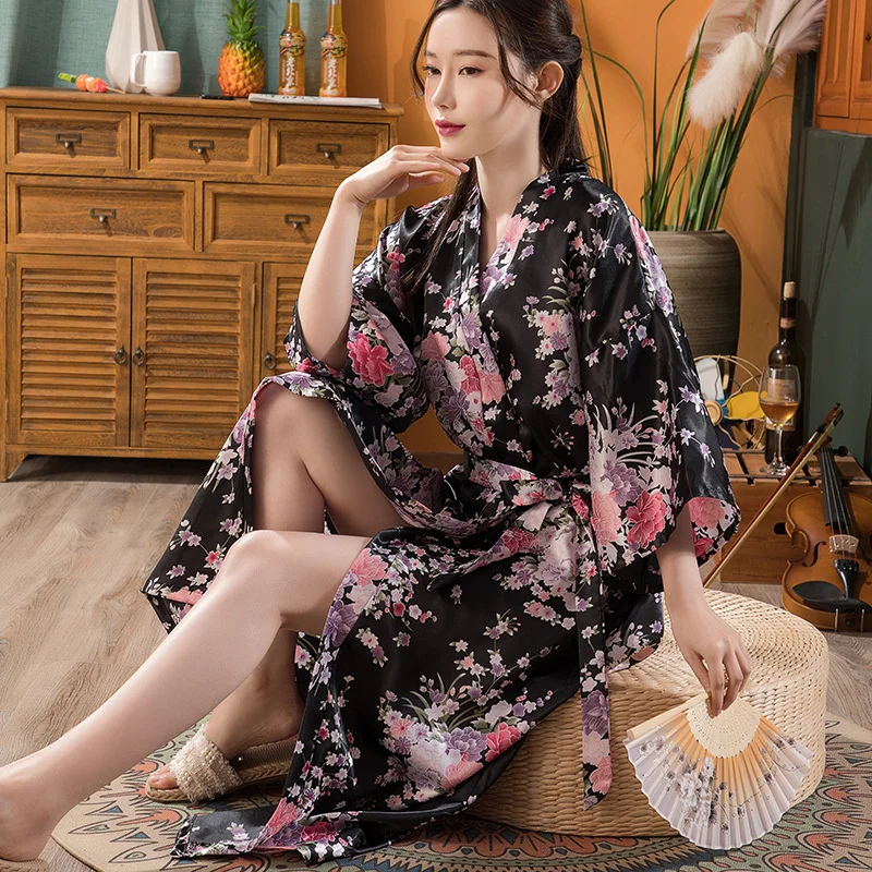 Japonský kimono dámská klasický talár sexy potištěné hedvábí imitace noční košile pyžamo svetr talár dlouhé ležérní župan loungewear