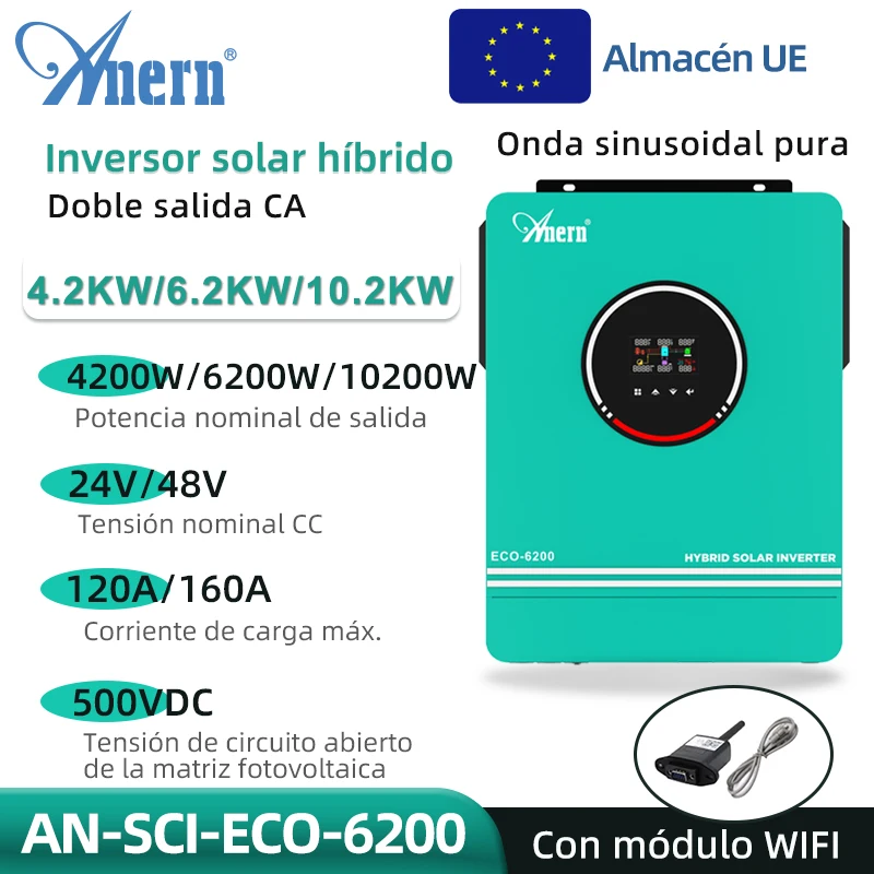 Anern 6.2KW 4.2KW 8.2KW 10.2KW Inversor Solar Híbrido 48V 24V On Grid/Off Grid Inversor Solar MPPT 120A Cargador Para Max PV 500V