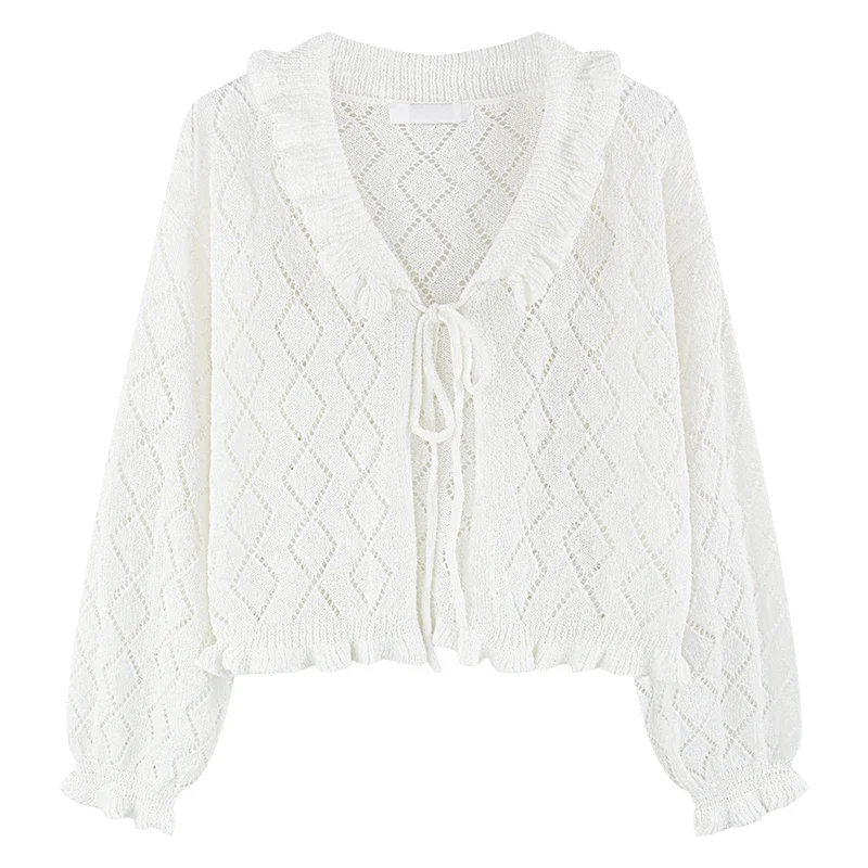 

White Cardigans Women Summer Lace Up Lantern Sleeve V-Neck Hollow Out Loose Short Tops