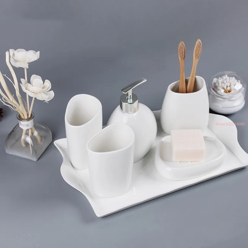 Pure white ceramics Bathroom Accessories Set Soap Dispenser Toothbrush Holder Cotton swab box Wash Products