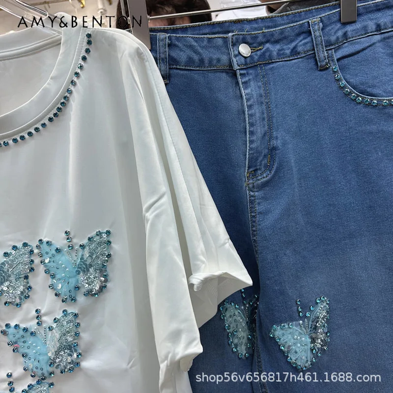 

Heavy Industry Rhinestone 3D Butterfly Loose Casual White Short Sleeved T-shirt Top Y2k Chic High Waist 2-Pieces Suit For Ladies