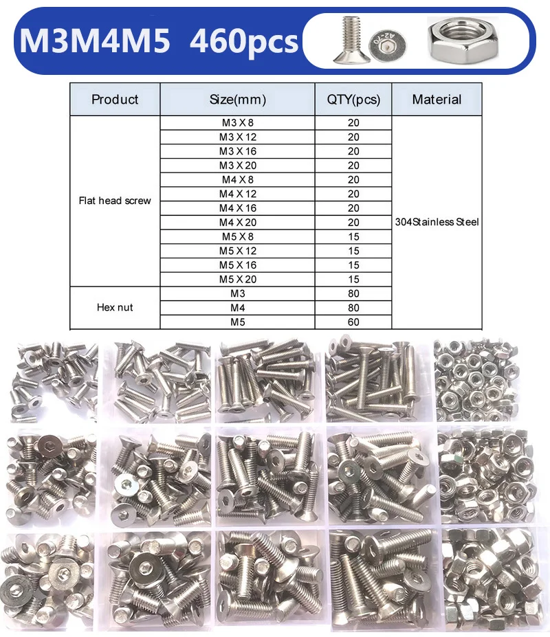 Hex Socket Head Screw Set M2 M2.5 M3 M4 M5 M6 304 Stainless Steel Hexagon Socket Head Flat Countersunk Allen Bolt Screw and Nut