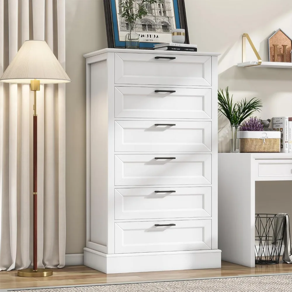 Modern Farmhouse 6-Drawer Chest for Bedroom and Living Room, 55-Inch Tall White Dresser