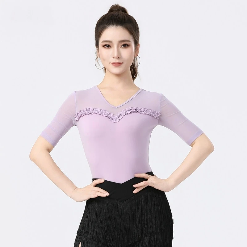 

2026 Women's Latin Dance Top V-neck Mid-sleeve With Chest Lace Modern Dance Performance Costume International Standard Dance Top