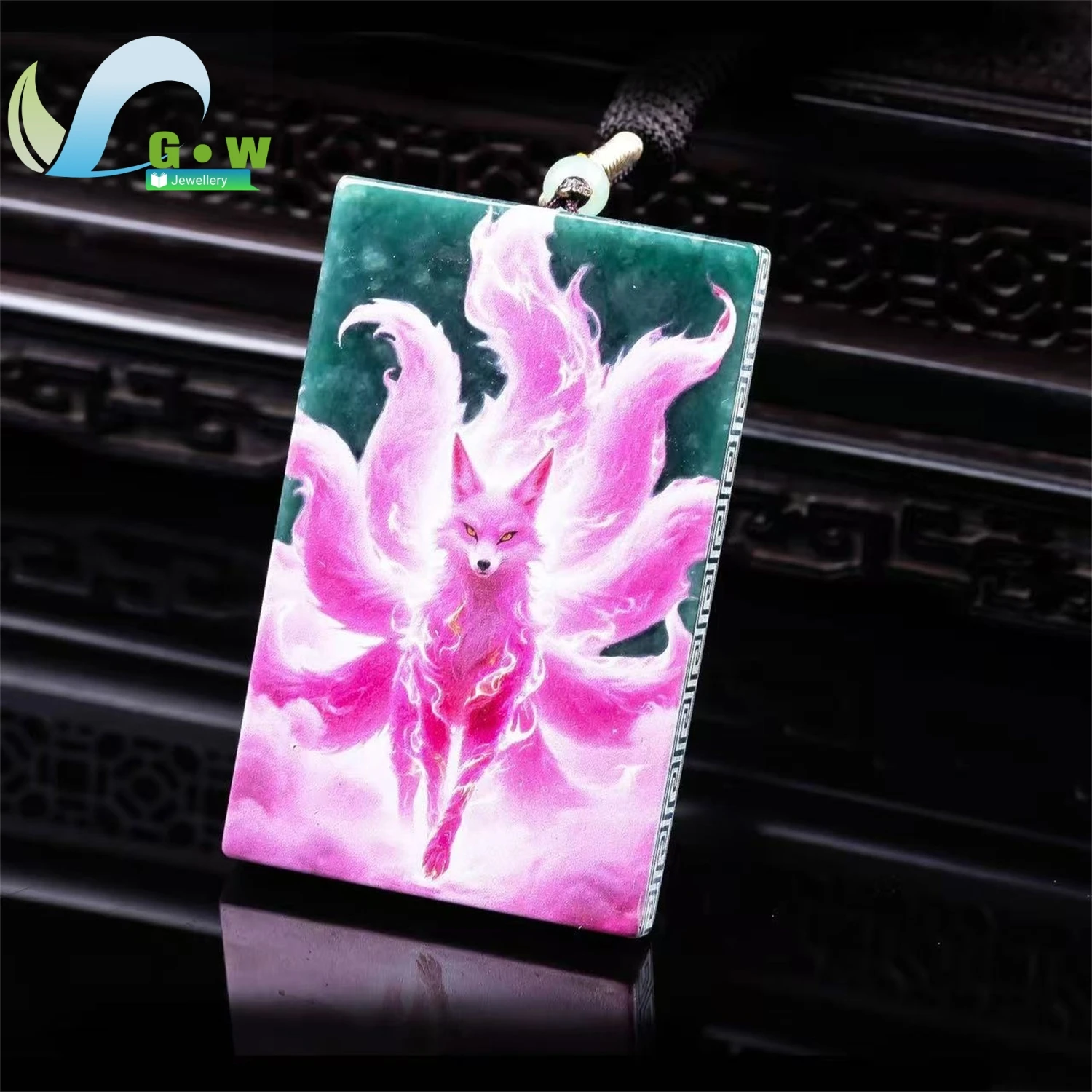 Natural Grade A Jadeite High Ice Old Material Nine Tailed Fox Pendant Ultra Clear Art Print Hanging Jade Amulet Necklace Unisex