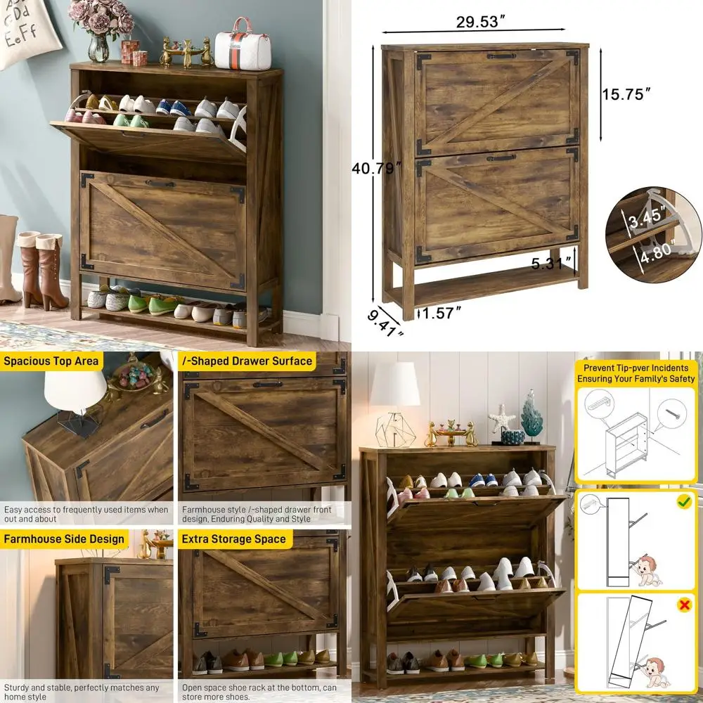 

5-уровневый узкий шкаф для обуви с 2 ящиками, деревянный органайзер в деревенском стиле для прихожей