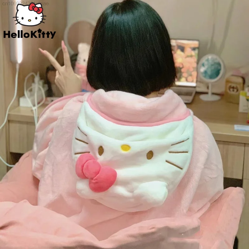 Sanrio Hello Kitty Roze Shawl Hooded Y2k Kawaii Zachte Pluche Kleine Deken Vrouwen Slaapzaal Kantoor Thuis Essentieel Vierkante Cape Shawl