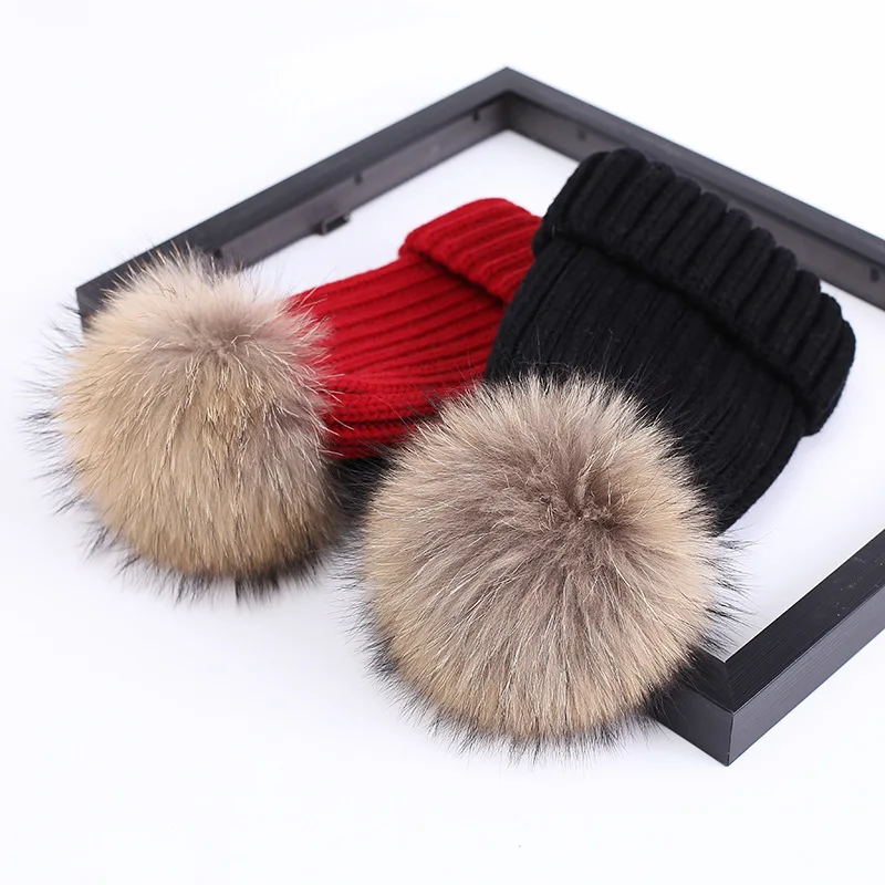 Winter Brand  Fur Pom Poms hat Winter Hat For Boy  Girl \'s Hat Knitted Beanies Cap Hat 2-10 years