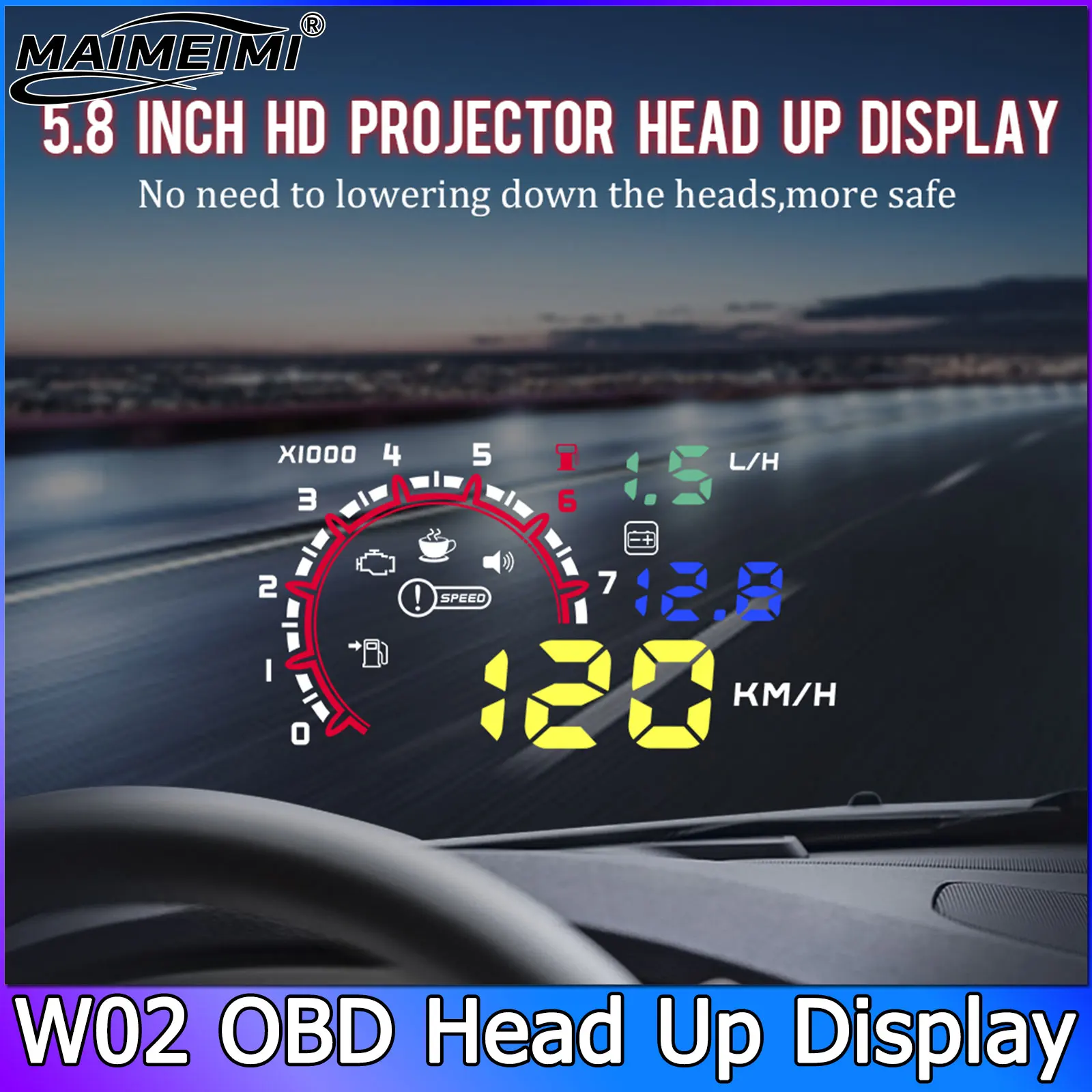 W02 OBD HUD Head Up Display Speedometer Water Temp Gauge RPM Meter KM/H MPH Speed with Alarm Car Windshield Projector Display