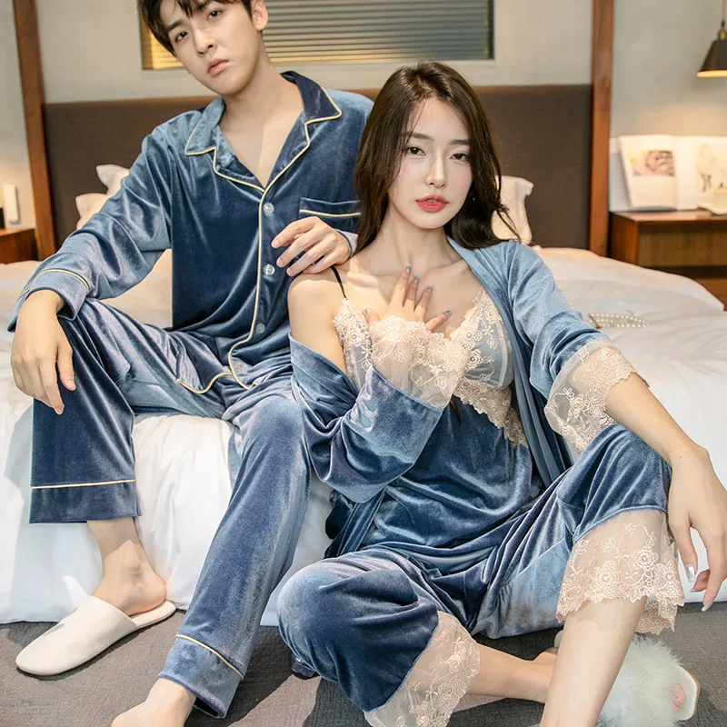 

Couple Velour Pajamas Sleepwear Set Autumn Winter Female Male Nightwear Velvet Trouser Suits Pyjama Loose Sexy Homewear Lingerie