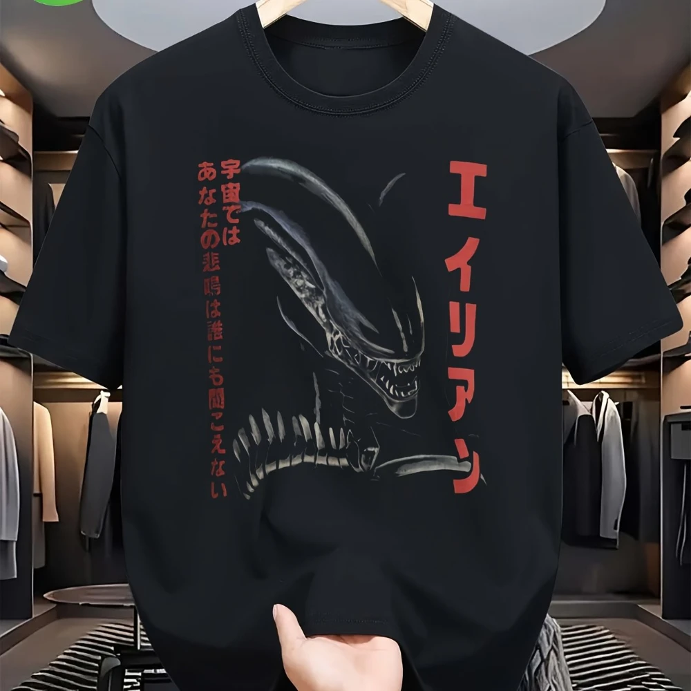 Men's Vintage Alien Movie T-Shirt in Nippon No One Can Hear You Scream Japanese Xenomorph Ripley Graphic Black Sci-Fi Horror