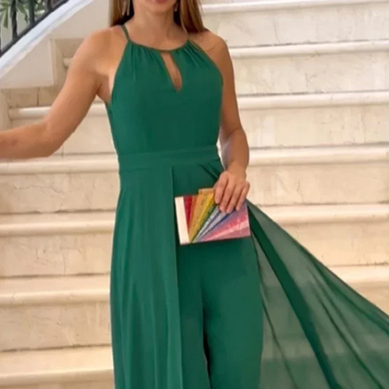 Mono largo sin mangas para mujer, traje elegante con capa ahuecada, color verde liso, pantalones de pierna ancha y cintura alta, moda de verano