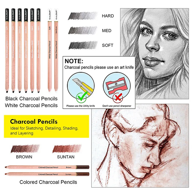 KALOUR Premium Skizzierstift-Set in Eisen-/Kartonbox, Kohlestifte, Zeichenset, Geschenk zum Schattieren/Detailieren/Verblenden/Hervorheben – Detail 10