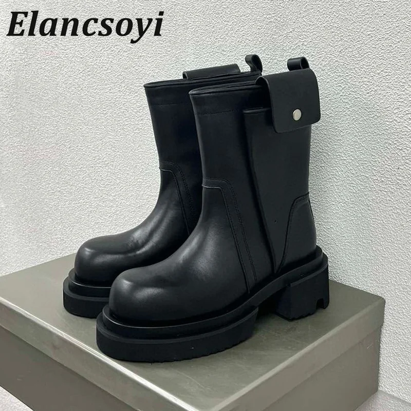 

Autumn Winter Round Toe British Style Short Boots Women Real Leather Waterproof Platform Mid Calf Boots Solid Color Riding Boots