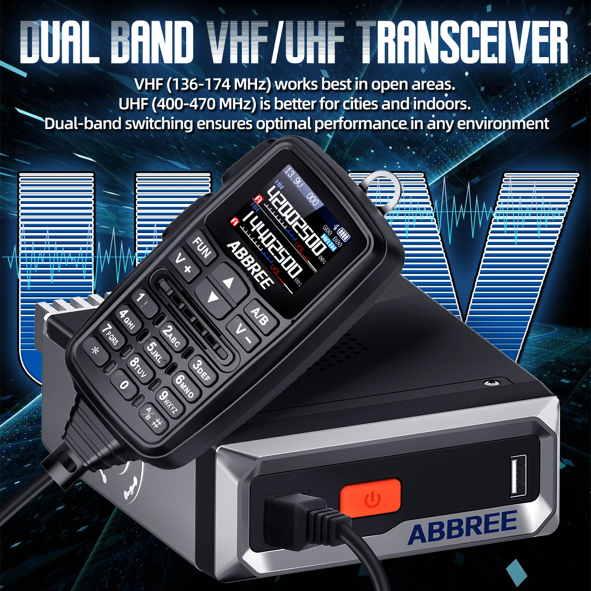 ABBREE 30 واط راديو متنقل صغير VHF UHF NOAA AM جهاز إرسال واستقبال لاسلكي نسخة تردد راديو السيارة اسلكية تخاطب مع مكبر صوت PTT مزدوج