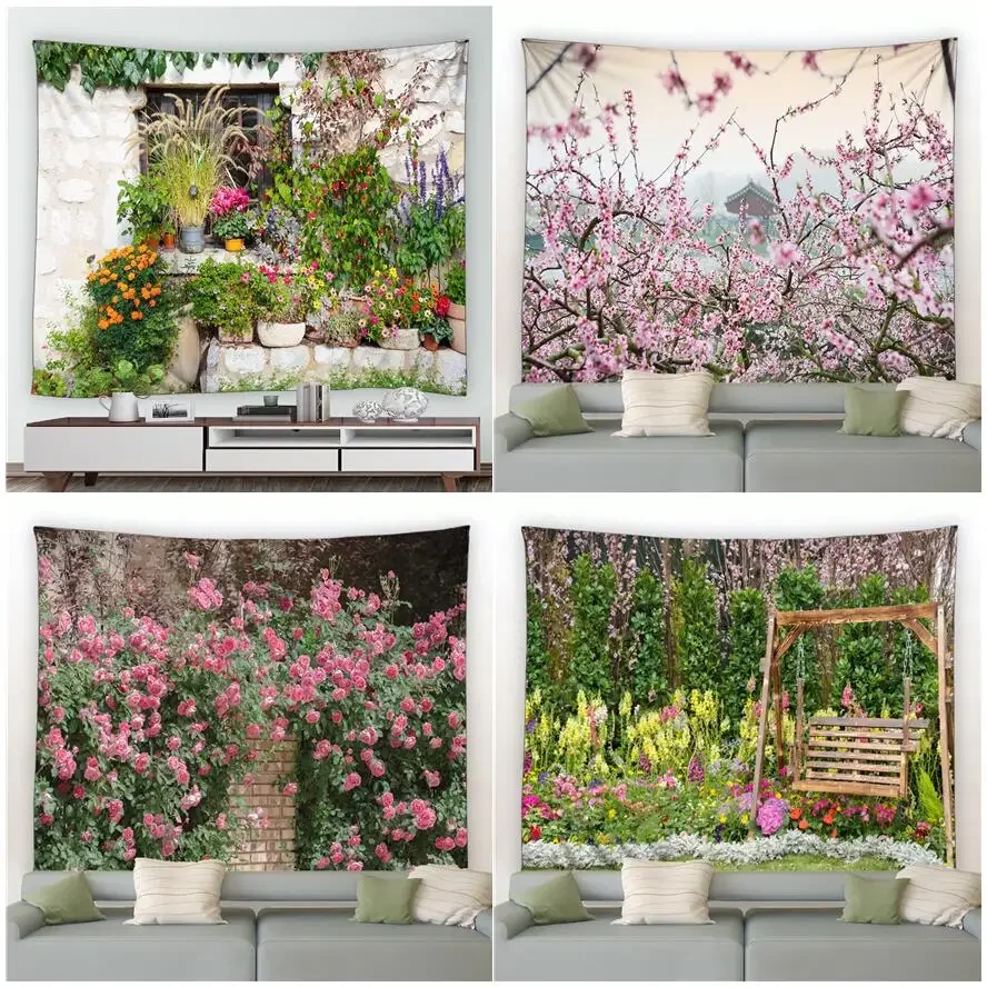 Park Plant Flowers Tapestry Wall Pink Floral Green Leaves Plants Forest Swing Garden Wall Hanging Home Living Room Decor Tapiz