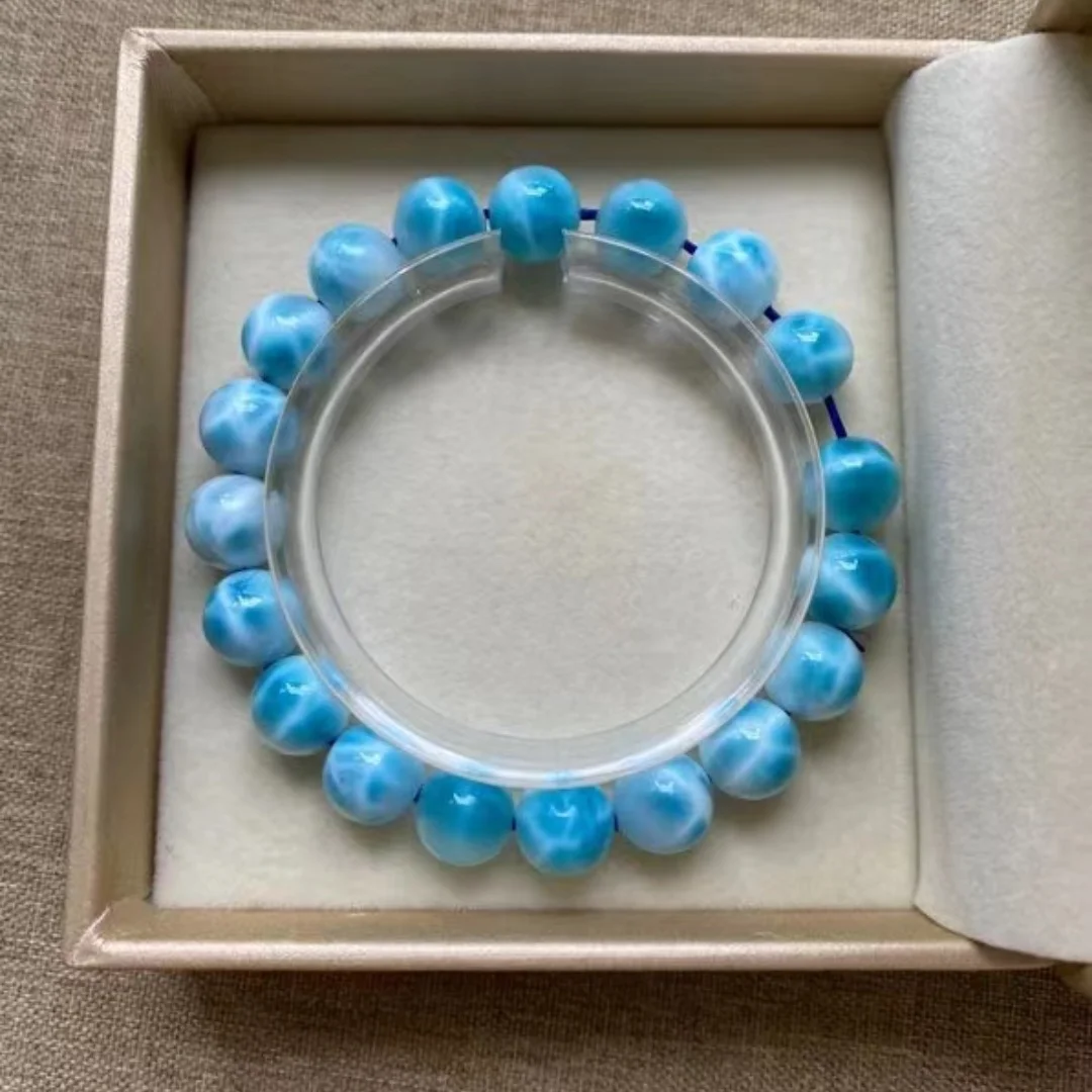 Natural Blue Larimar Gems Round Beads Bracelet 9.9mm Jewelry Women Men Pattern Big Size Round Beads Larimar Jewelry AAAAAA