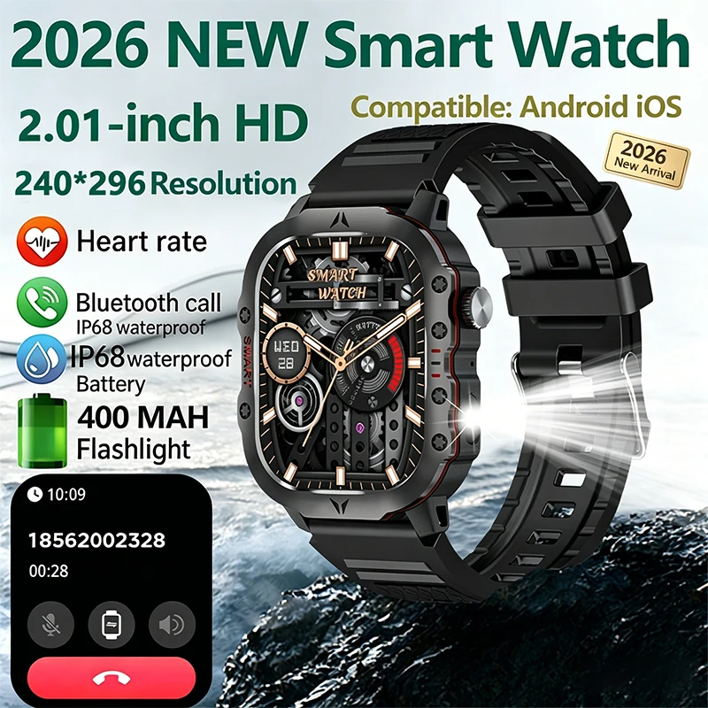 

Умные часы для мужчин 2026 года, 2.01" HD 240*296, с Bluetooth-звонками, водонепроницаемость IP68, пульсометр, аккумулятор 400 мАч, Android/iOS, фонарик
