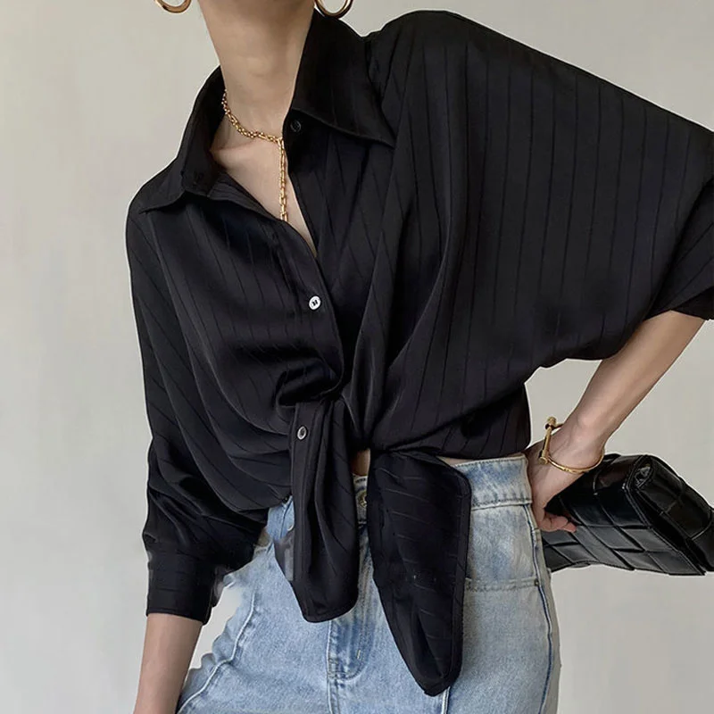 Fashion Striped Satin Silk Shirt Vintage Lapel Up Blouse Women Lady Long Sleeves Female Loose Solid Street Shirts