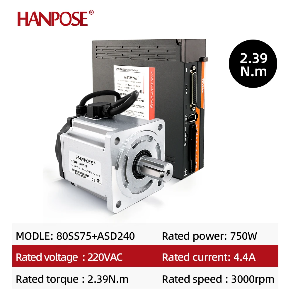 HANPOSE 0.75kw Servo Motor 80SS75 Smooth Performance Fast Speed Constant Torque 2.4N.m 4.4A 3000-6000rpm 750w Ac Servo Motor