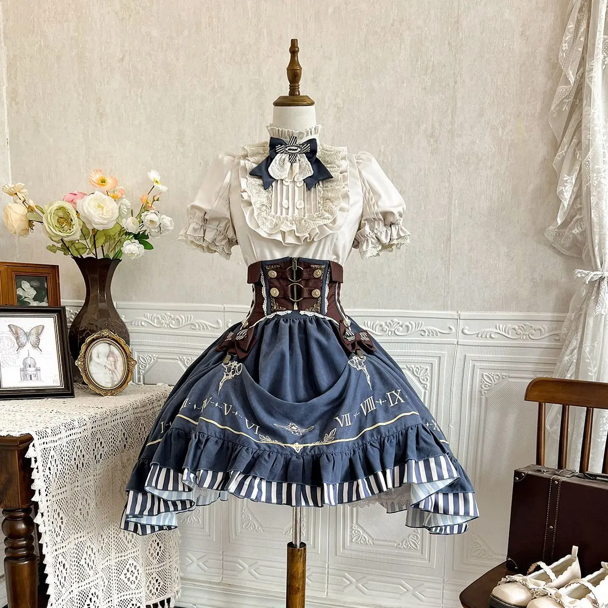 

Japanese Goth Punk Lolita 3-piece Suit Sweet Cute Waist Skirt Retro Princess Sleeve Shirt Women Fashion Festival Party Dress