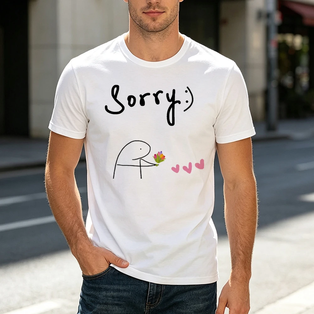 Sorry Flower Hearts Graphic T Shirt Men Sweet Apology Meme Tee Summer Casual Couple Wear Top Romantic Pink Hearts Doodle Shirt