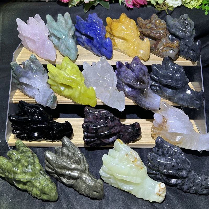 

Wholesale Crystal Dragon Heads Reiki Healing Gemstone Crafts Mixed Materials Dragon Skulls Ornament for Meditation