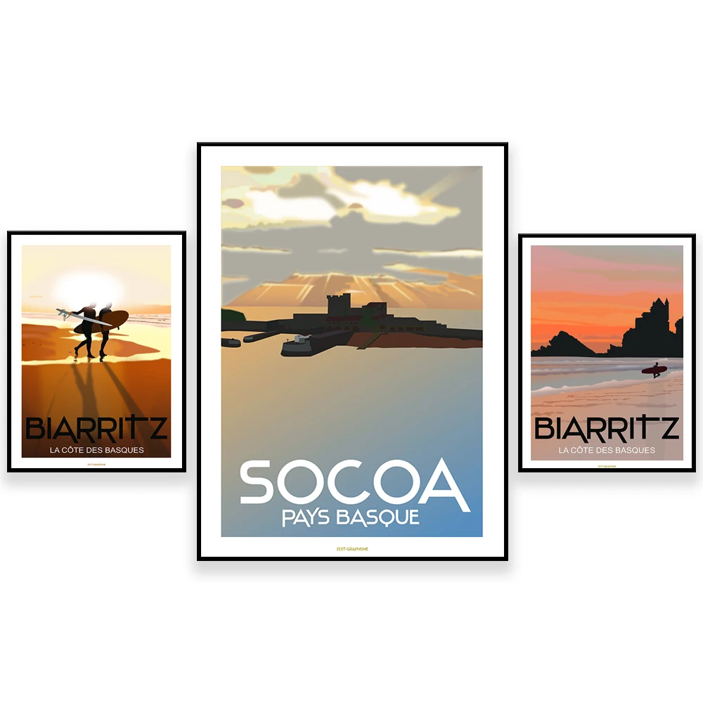Surfing Poster, Fort Sokoya Basque Country, BIARRITZ Surfing - Côte des Basques Basque Coast - Sunset, Gift Poster for Surfers