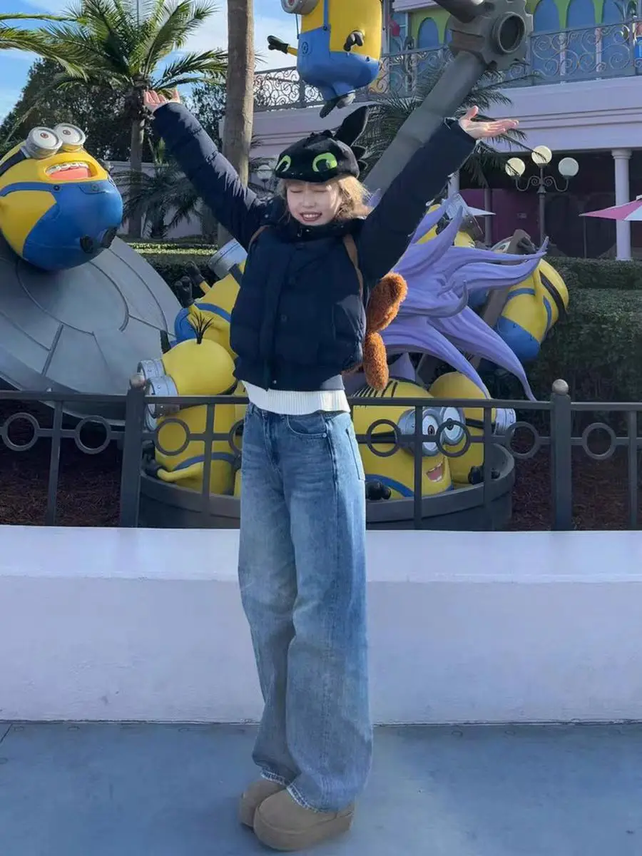 الشتاء المرأة أسفل سترة الأزرق الداكن المألوف فضفاض عارضة مقنعين سترة قطن الكورية نمط الفراء طوق معطف سميك جديد