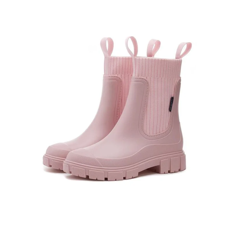 Women's solid color waterproof rain boots, 2024 autumn new fashionable outdoor round toe boots,