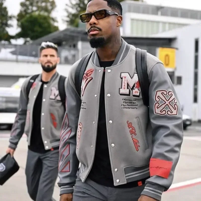 Europe and The United States New Men's Bomber Jacket Hip-hop Letters Embroidery Splicing Leather Suit Y2K Jacket Trendy