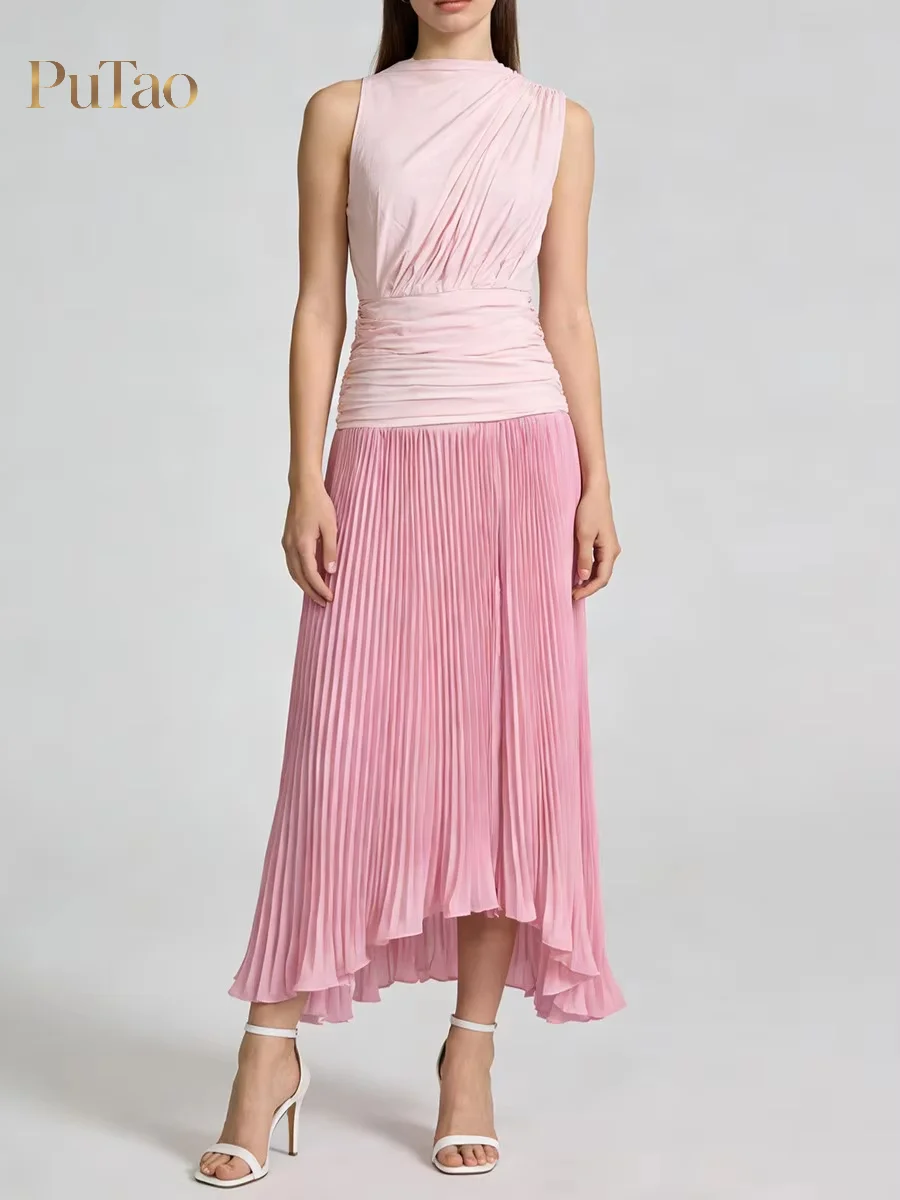 Putao Sleeveless Pleated Midi Dress Ruched Waist Asymmetrical Hem Evening Gown Women Formal Wedding Guest Cocktail Party Outfit
