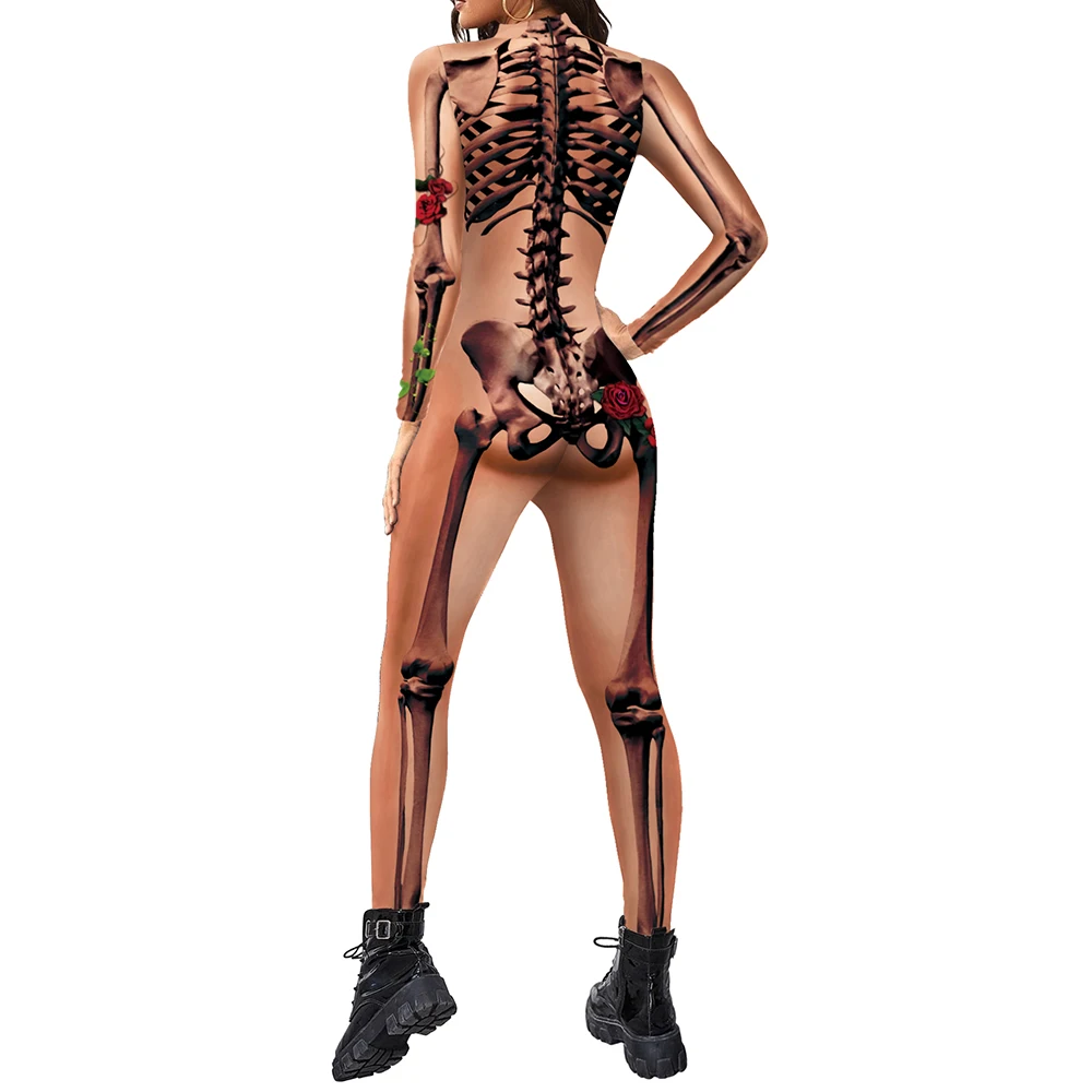 Halloween sexy Bodysuit Cosplay Kostüm Erwachsenen Urlaub Party Karneval Verkleidung Outfit braun Schädel Druck Bühne Overall Catsuit