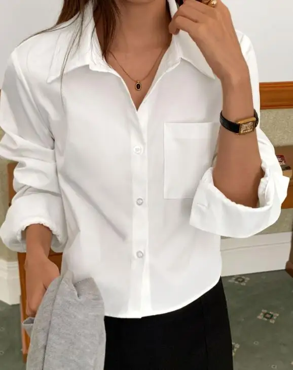 

Collar Slim Fit Simple Solid Color Women's Shirt with Elegant Spring and Autumn Temperament Commuting Long Sleeved Shirt