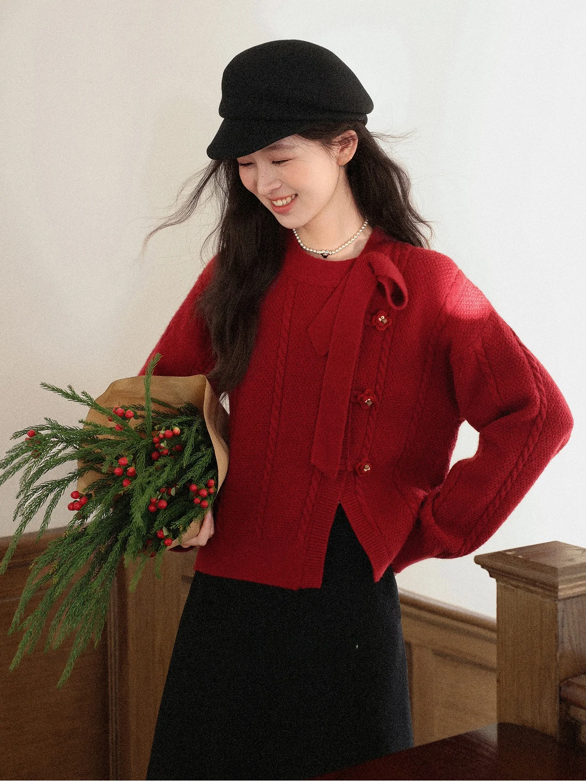 

Ele Red Knitted Sweater for Women with Knot Irregular Design Winter Faion Straight Cut Long Sve Warm Top