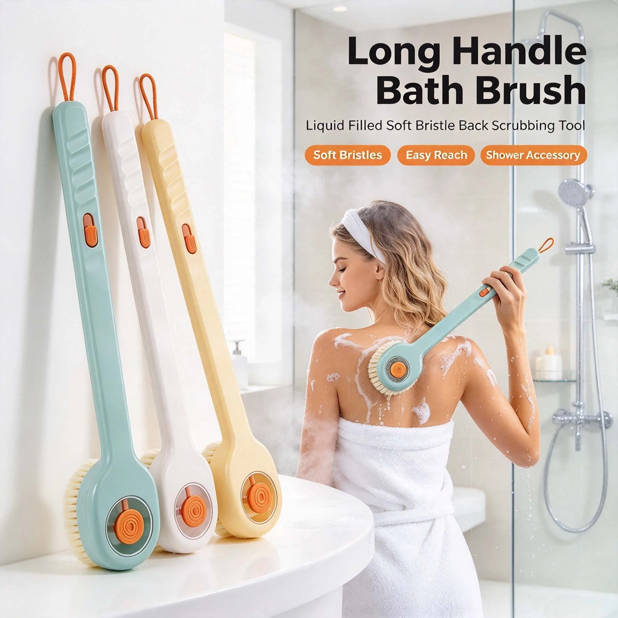 Soft Bristle Exfoliating Bath Brush Liquid Filled Long Handle with Back Scrubber for Shower Hair Body Deep Cleaning Accessories