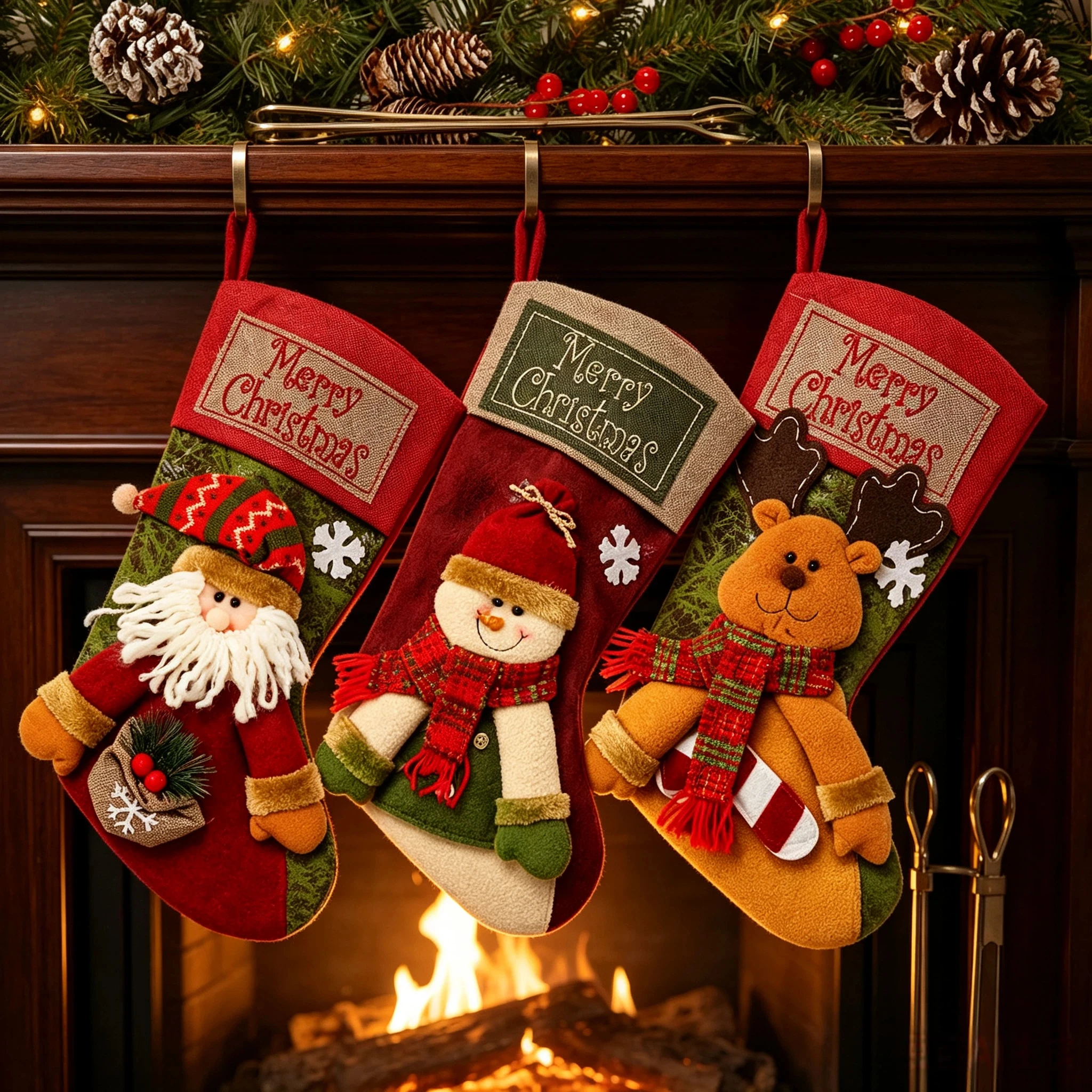 Embroidery Xmas - Pluszowa skarpeta świąteczna 3D z juty