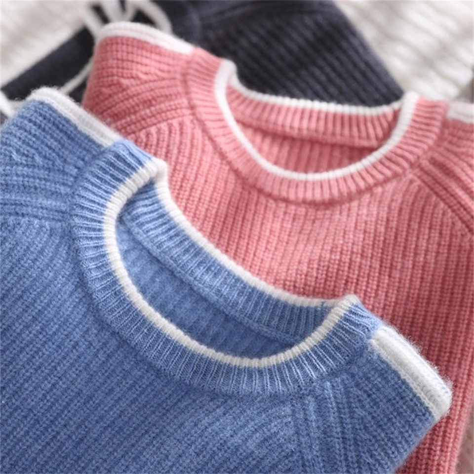 

High end children's collar solid color 100% woolen sweater Color blocked raglan knit sweater Autumn and winter round neck top