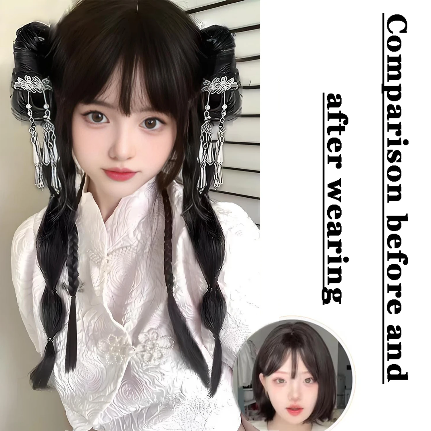 Allaosify Synthetic Ponytail Wig For Women New Chinese Braided Braids Can Be Tied Into Ancient Style Hanfu Double Ponytail Wig