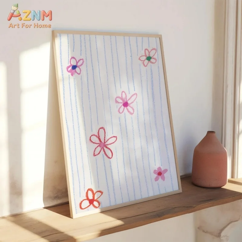 AZNM Light Blue Vertical Stripe Canvas Wall Art Hand Drawn Pink Red Simple Flower Cute Doodle Print Unframed Canvas Soft Pastel