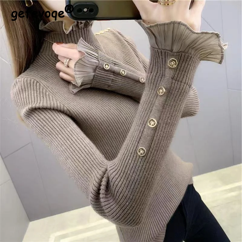 Women Clothing Korean Fashion Ruffle Patchwork Elegant Basic Knitwears Autumn Winter Half High Collar Slim Long Sleeve Pullovers