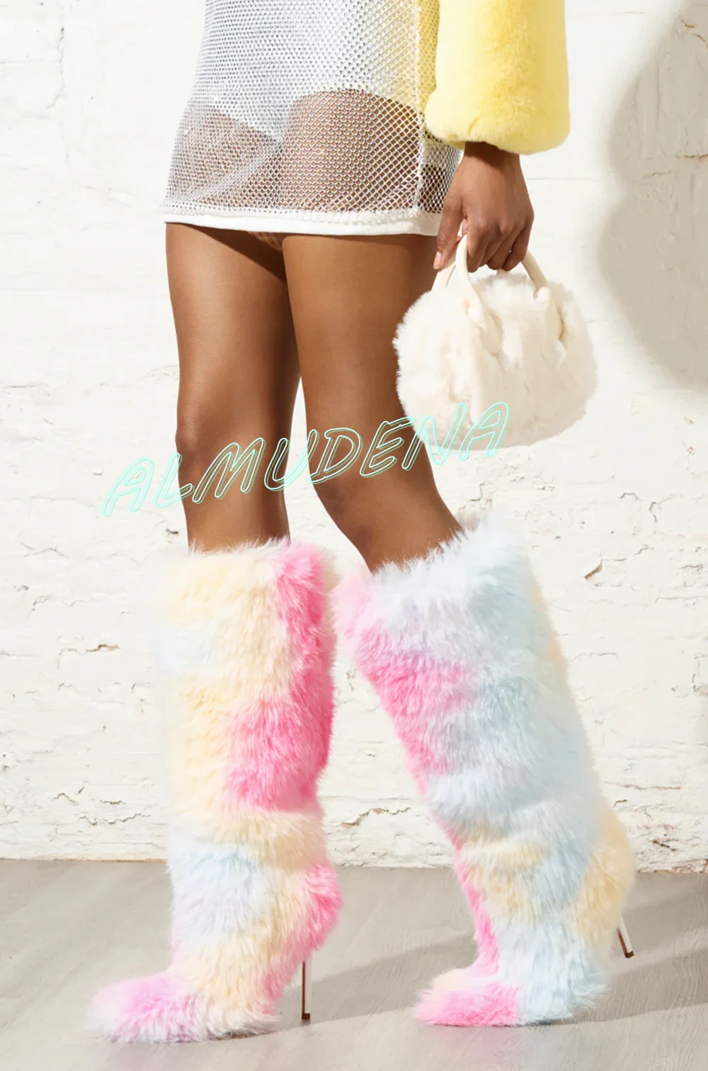 Colored Fur Round Toe Knee-high Boots Thin High Heeled Boots Slip-on Sxey Winter Girl Textile Upper Cute 2025 New Arrivals Shoe