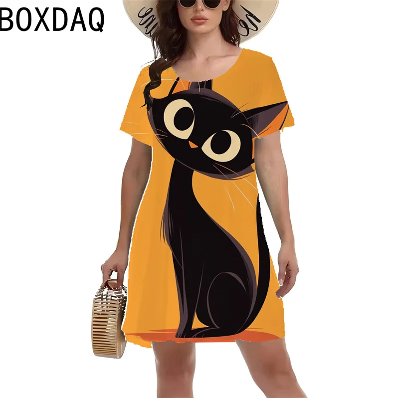 Fashion Funny Women Cat Pattern 3D Cartoon Print Mini Dress Summer Oversized Short Sleeve O-Neck Casual Dress Vestidos