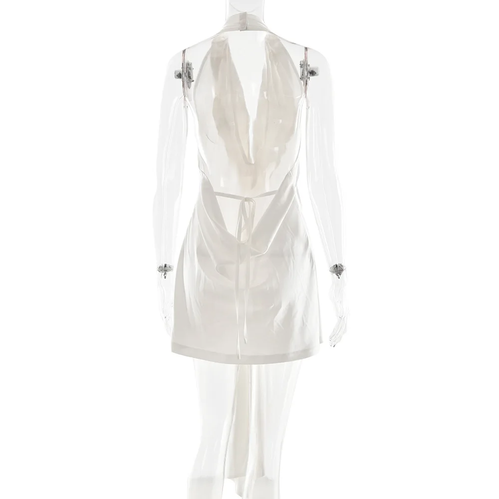 Women Sexy Tie Ribbon Glossy Satin Mini Dress Deep V Neck Sleeveless Halter Backless Lace Up Bodycon Party Clubwear Vestidos