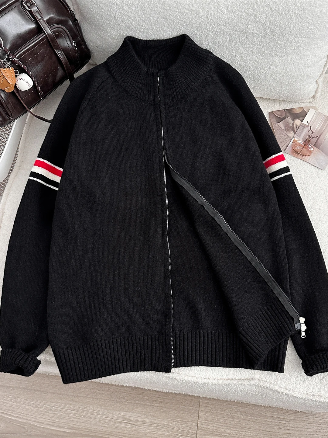Retro American Knitted Open Cardigan Unisex Autumn Winter Casual Loose Color Block Couple Sweater Outer Zipper Leisure Jacket