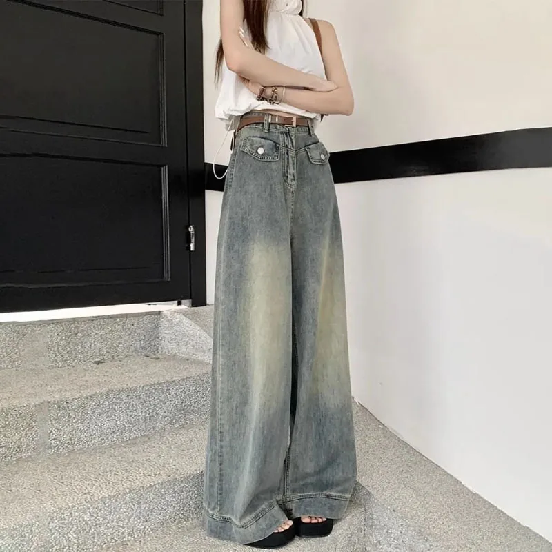 High Waist Chic Jeans Women's Spring Autumn New Fried Street Oversize 5XL Loose Slimming Straight Tube Dipped Wide Leg Pants XQ7